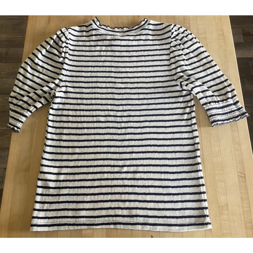 Lucky Brand Pointelle Knit Navy & White Stripe Top Short Sleeve XS